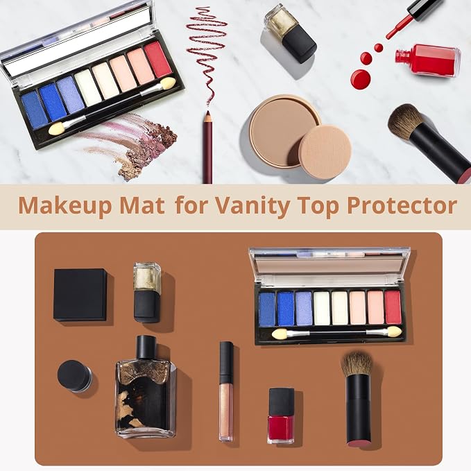 LovePads Makeup Mat for Vanity, 17" x 28" PVC Desk Mat & Dresser Cover Top | Waterproof Desk Protector, Vanity and Desk Accessories; Wipes Clean, Ideal for Writing, Nail Art, Craft Table, Brown+Beige