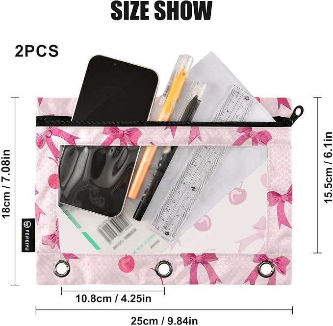 Pink Bows Cherry Pencil Pouch for 3 Ring Binder, 2 Pack Waterproof Pencil Bags Clear Window Pencil Case Zipper School Office Supplies