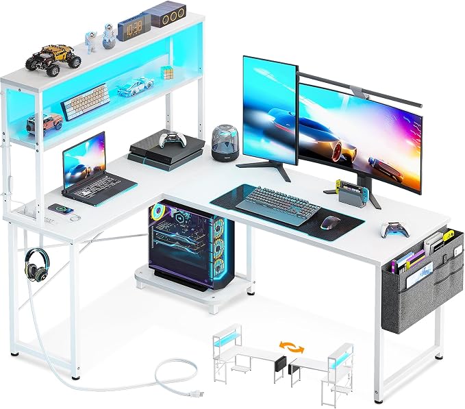 AODK L Shaped Desk Gaming Desk with LED Light & Power Outlet | 53 Inch White Reversible L Shaped Computer Table with Shelf, Corner Desk with Storage Bag&Hook for Home Office Desk