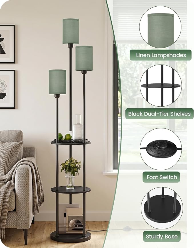 Floor Lamp with Shelves, Modern Floor Lamp with 3 Linen Shades and Foot Switch, 3-Light Standing Lamp, for Living Room, Bedroom, Study, Office, Black and Green J53LD05