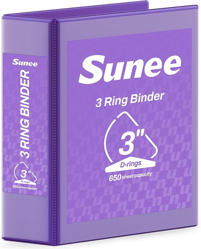 SUNEE 3 Ring Binder 3 Inch D Ring, Clear View Large Binder Three Ring PVC-Free (Fit 8.5x11 Inches) for School or Office Supplies, Dark Purple, 1 Pack