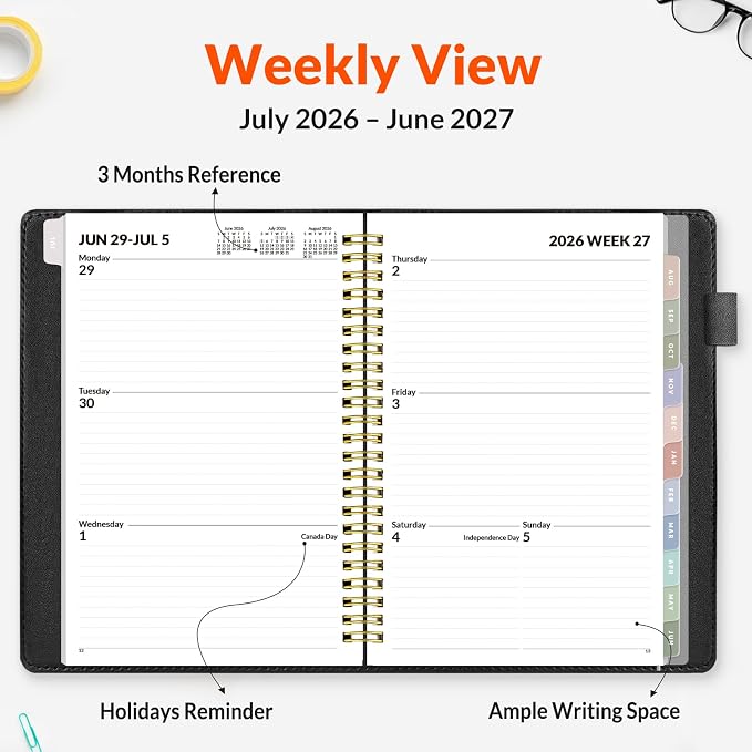 SUNEE 2026-2027 Weekly & Monthly Planner 6.4"x8.5" - 12 Month (July 2026 - June 2027), Vegan Leather Cover Planner Academic Year Calendar, Pocket, Notes, Monthly Tab, Black