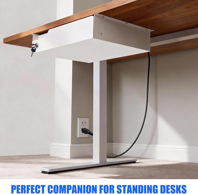 Under Desk Drawer Storage with Lock, Metal Undermount Table Drawer, Ball Bearing Slides Out Tray Organizer for Paper, Pencil, and Laptop,16"x11.8"x3.6", White With Power Strip