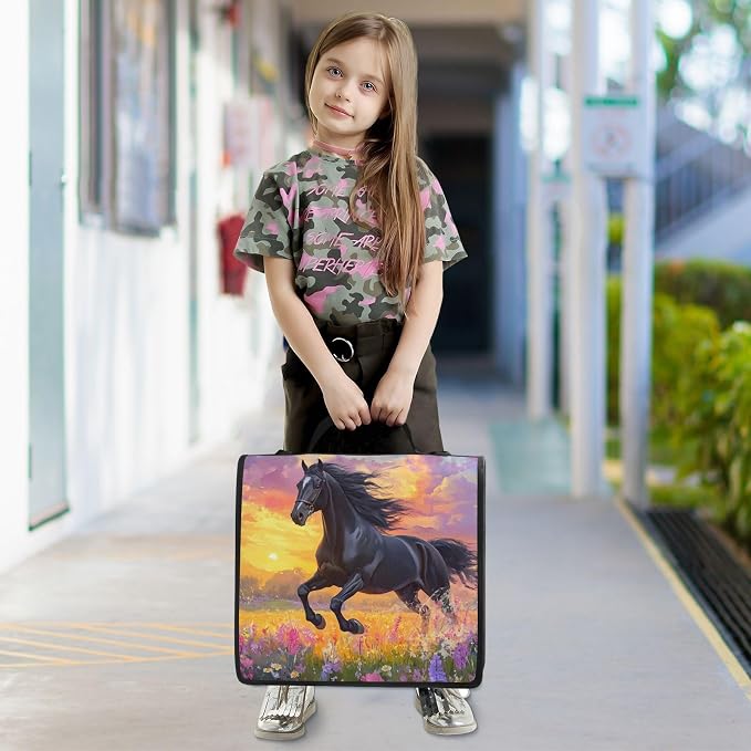 Custom 3 Ring Zipper Binder Black Horse Flower Oil Personalized Name 2 Inch Zippered Binder Bag Multi Pockets for School Supplies