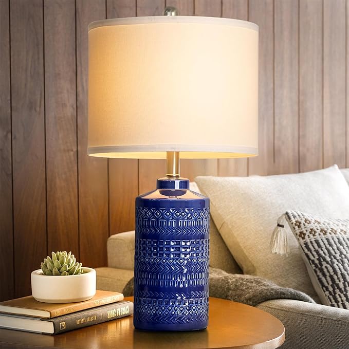 JUNNAI 24.5" Navy Blue Table Lamp Modern Bedside Ceramic Lamps for Living Room 3-Way Dimmable Entryway Nightstand Farmhouse Lamp for Home Office Bedroom, Bulb Included