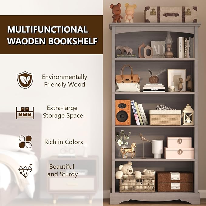 TVU 5-Tier Wooden Bookshelf, 65 Inch Tall Bookshelf with Storage, Floor Standing Modern Style Display Bookcase for Living Room, Office, Study Room, Entryway, Grey