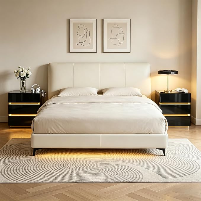 Nightstand with Charging Station, Night Stand with Drawers and LED Lights, Bedside Table, Modern End Table for Bedroom
