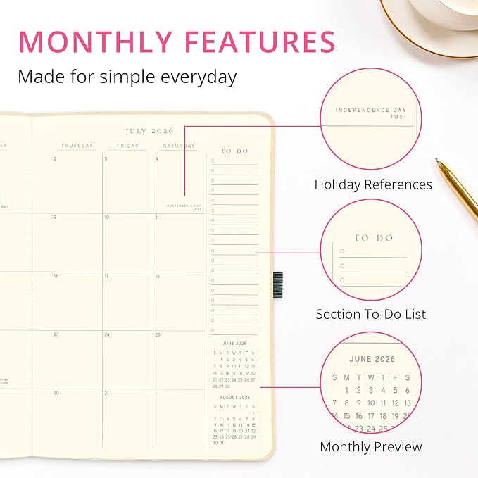 Graphique Apollo Grey 18 Month Planner, July 2026 – Dec. 2027, Hardbound Vegan Leather Planner with Monthly Tabs, Holidays & Reminder Stickers, 8” x 10”