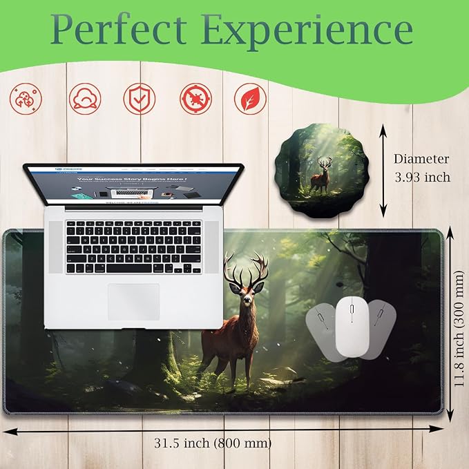 Extended Gaming Mouse Pad 31.5" x 11.8", with Edge Stitching, Non-Slip Rubber Base Keyboard Pad, Suitable for Work, Game, Office, Home and Coasters, Deer in The Forest