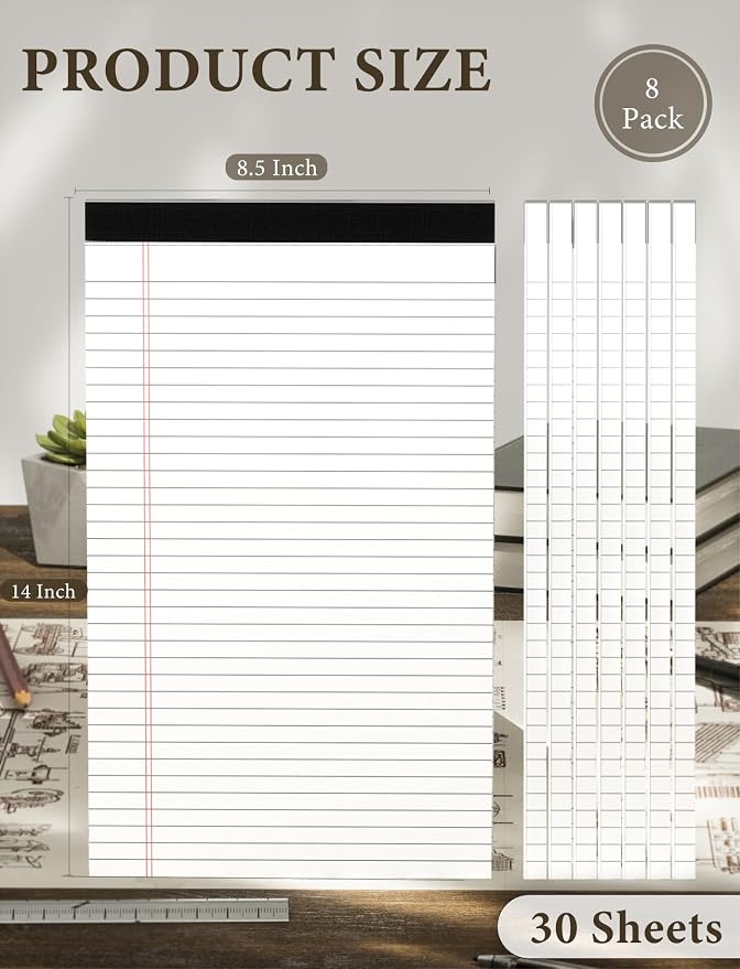 Legal Pads 8.5 x 14 Note Pads, 8 Pack White Paper Pads 8.5x14 Wide Ruled