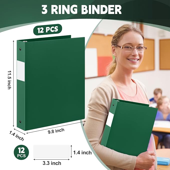 Henoyso 12 Pack 1 Inch 3 Ring Plastic Binders, Bulk Flexible PP Binders for Classroom & School Supplies, Letter Size 8.5 x 11, Holds 240 Sheets with Interior Pocket (Dark Green)
