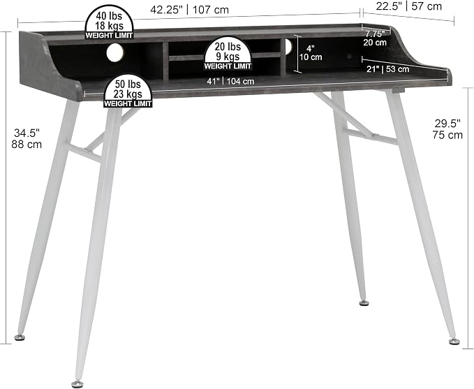Calico Designs Woodford 45” Wide Modern, Secretary, Writing, Desk with Low Storage Hutch and Whtie Metal Tapered Legs in Marbled Dark Grey, White