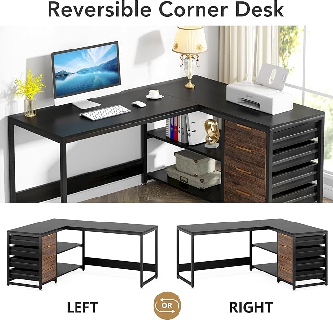 LITTLE TREE 59-Inch L Shaped Desk with Drawers, Large Computer Desk with Storage Shelves, Reversible L-Shaped Corner Desk Workstation for Home Office