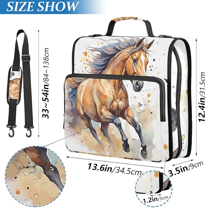 3 Ring Zipper Binder with Shoulder Strap Horse Watercolor 2 Inch Zippered Binder Bag 500 Sheet Capacity Multi Pockets for School Supplies