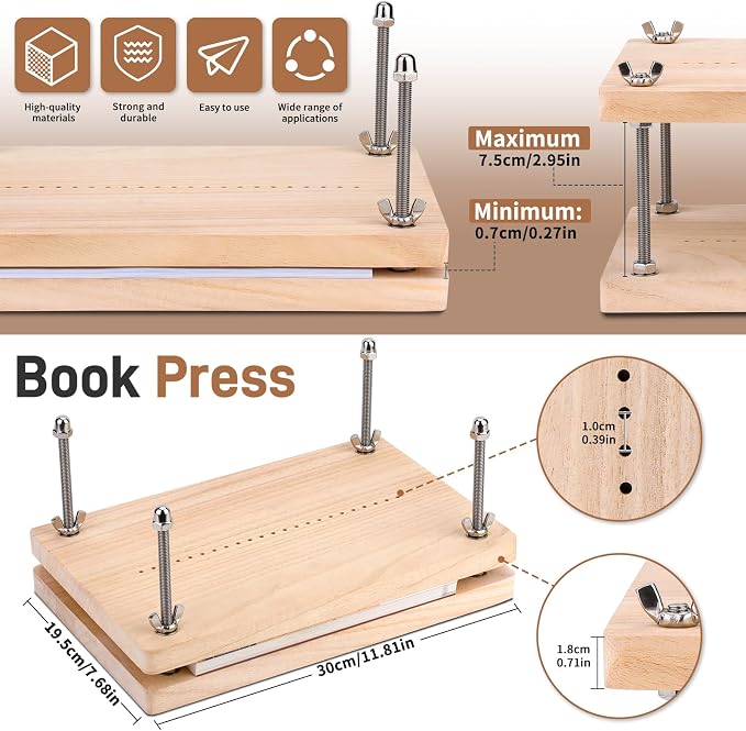 UzecPk Book Binding Kits, Bookbinding Kit 11.8”x7.6” Wooden Book Press | Materials Book Making Kit Bookbinding Supplies with Book Cloth Bone Folder Awl Needles Wax Thread for Bindings Repair