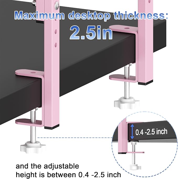 Spacrea Clamp on Desk Shelf, 2 Tier Office Desk Shelves Organizer, Wood Desktop Supplies Storage Rack, Desk Organizers and Accessories (Pink)