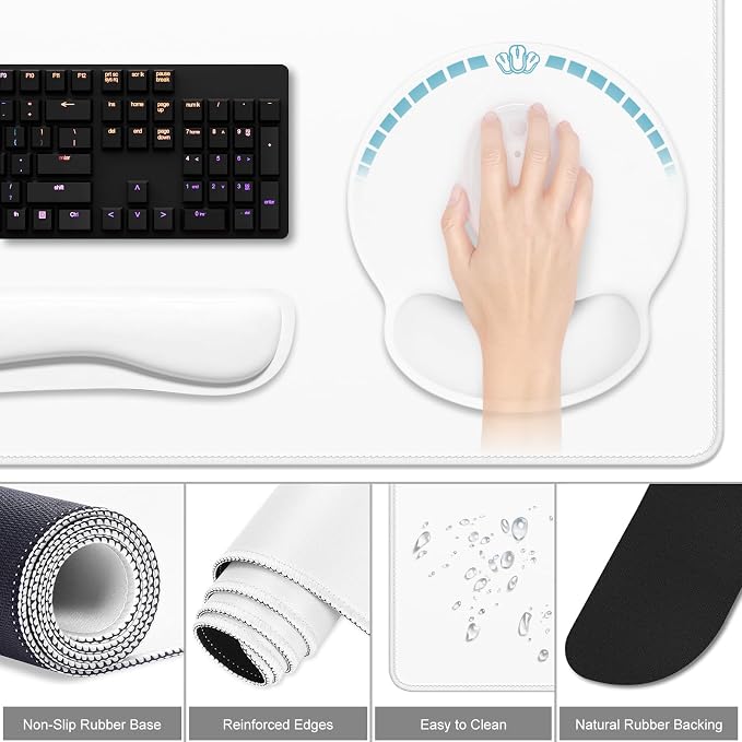 Dapesuom Large Gaming Mouse Pad, White Mouse Pads with Wrist Rest Wrist Support, 4in1 Big XXL Desk Mat Desk Pad + Ergonomic Mousepad + Memory Foam Keyboard Mat Wrist Rest + Coaster Set for Computer
