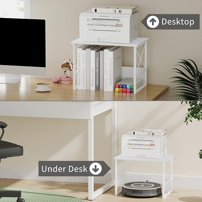 Printer Stand for Desk, Desktop Printer Stand Shelf Organzier for Home Office, for Above and Under Desk, Fax Machine Copier Scanner, White