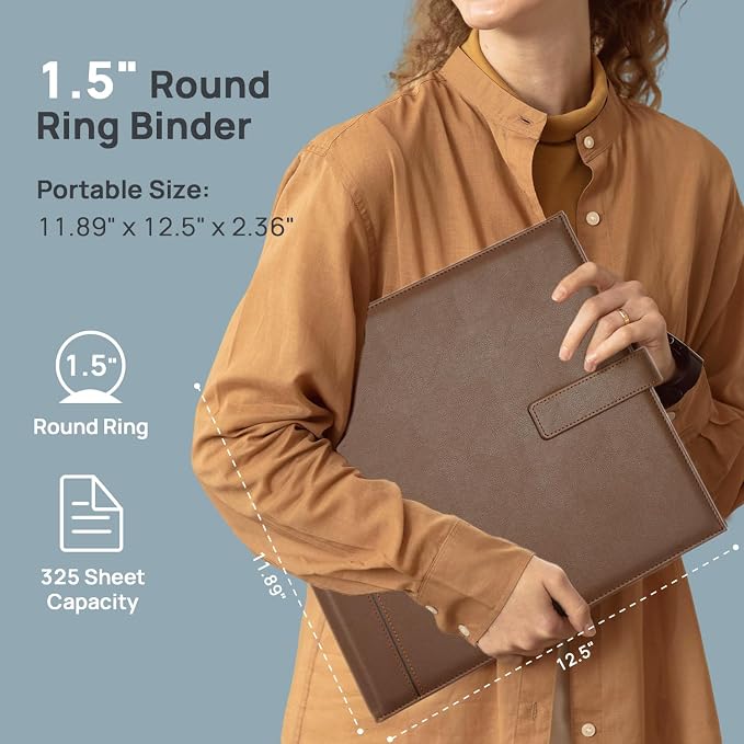 POPRUN 1.5 Inch PU Leather Portfolio Binder, Letter Size, Brown | 1.5" Ring, Letter Size, PU Leather, Dividers, Card Slots, Storage Pockets, Business, Office