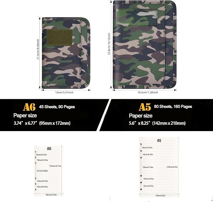 Kosibate Padfolio Ring Binder with 45 Sheets 90 Pages of Loose-Leaf Paper, Weatherproof Notebook Cover, Tactical Notebook with Zippered for Folders, Business Cards Refillable 6-Ring Notepad(5.5"x8.5")