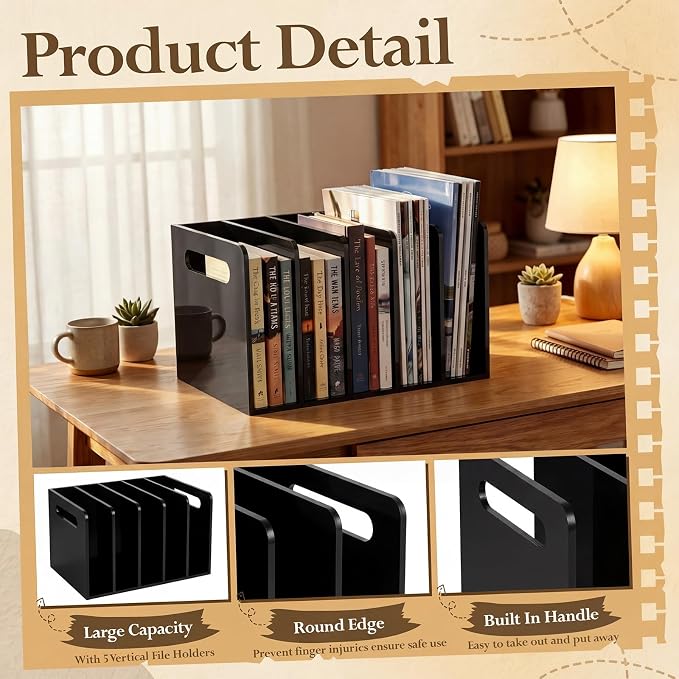 Didaey 1 Pack Acrylic Magazine File Holder, 5 Vertical Compartments Desk Sorter Organizer Magazines Documents Books Accessories Black Folder Rack Binder for Office Home(B5, 5 Sections, Black)