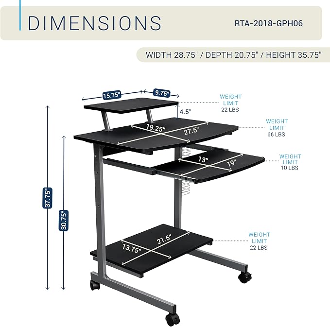 Techni Mobili Rolling Computer Desk Cart w/ Keyboard Tray & Wheels, Black | Locking casters, printer stand, office cart, compact desk, home office, small space computer workstation