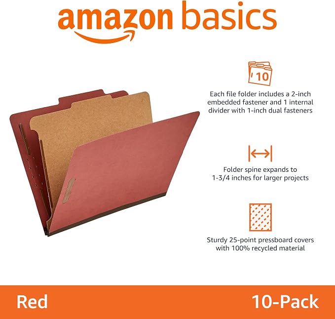 Amazon Basics Classification File Folder, 1 Divider, 2" Embedded Fasteners, Letter Size, 100% Recycled Material, Red, 10 Count (Pack of 2)