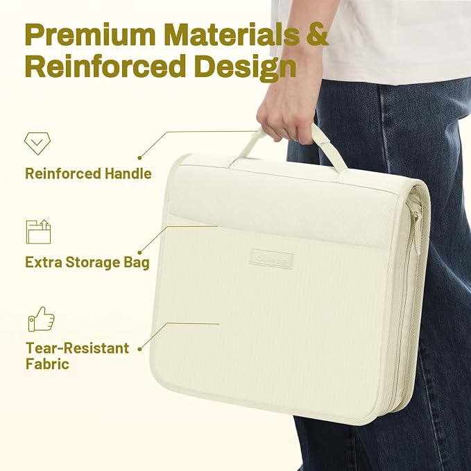 SUNEE Zipper Binder with Handle, 1.5 Inch O-Ring, 325 Pages Capacity, with 5-Tab Expanding File Folder for Classified Storage, Small Size Lightweight Zipper Bag for Middle School Students, Soft Beige