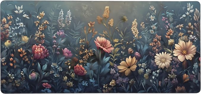 Floral Aesthetic Wildflower Gaming Mouse Pad, Morandi Vintage Botanical Desk Mat with Anti-Slip Base & Stitched Edges,35.4" x 15.7" in Desk Accessories for Women, Home Office Decor & Artistic Gift