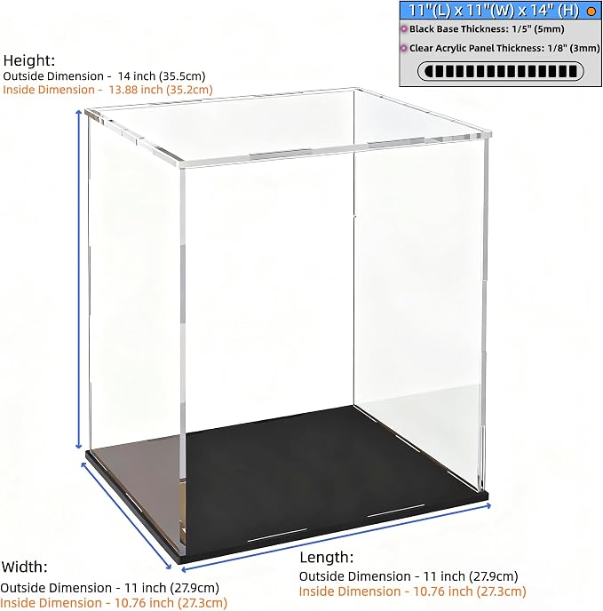 Acrylic Display Case, Clear Collectible Display Box with Matte Black Base, Dustproof Acrylic Showcase, Easy Self Assembly Storage Cases for Art Figurine, Trophy and Action Figures, 11 x 11 x 14 inch