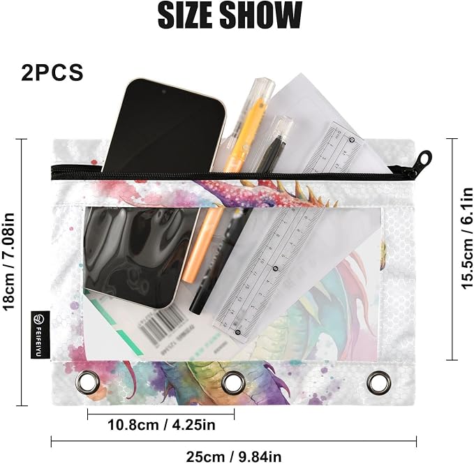 Watercolor Dragon Pencil Pouch for 3 Ring Binder, 2 Pack Waterproof Pencil Bags Clear Window Zipper School Office Supplies