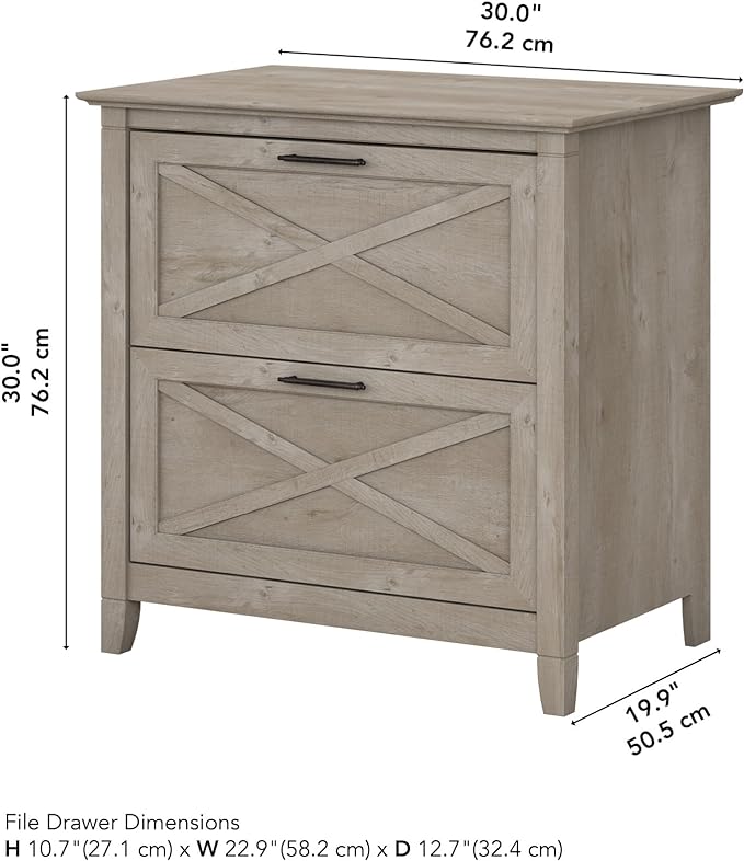 Bush Home Key West 2 Drawer Lateral File Cabinet in Washed Gray, Document Storage for Home Office, Accent Chest with Drawers