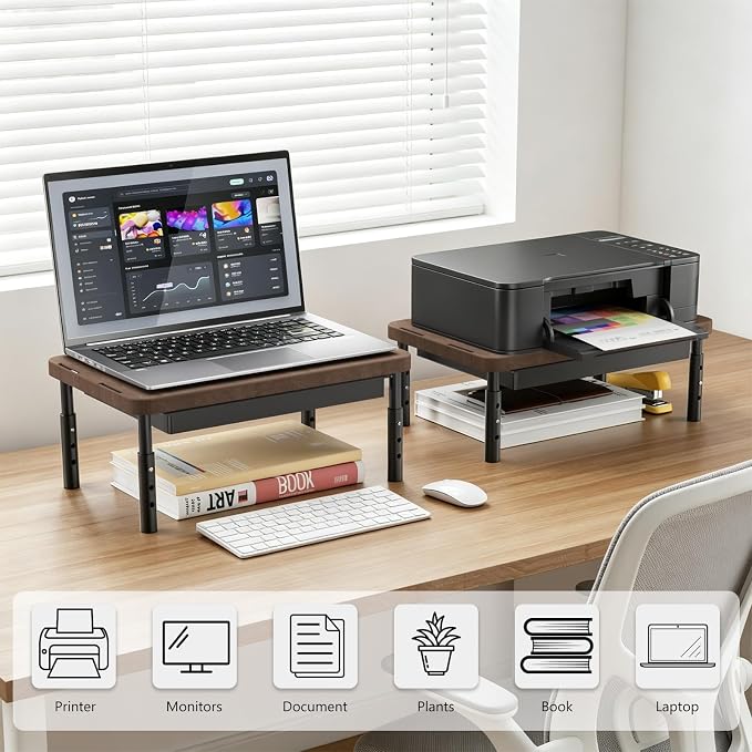 WALI Plastic Computer Monitor Stand with Storage, Adjustable Laptop Riser | Laptop Riser with Airflow Vents, Desk Organizer for Computer, Printer, Notebook (PTT002-C), 1 Pack, Brown