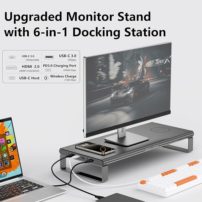JINRAIKO Monitor Stand with Docking Station, Aluminum Monitor Riser with 6-in-1 Docking Station: 4K HDMI, USB-C, USB 3.0, PD 100W, Wireless Charging,Metal Desk Stand with Storage-Silver Gray
