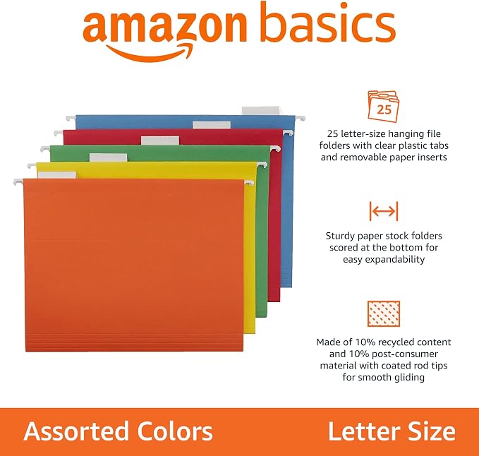 Amazon Basics Hanging File Folders with Adjustable Tabs, Sturdy Expandable Document Organizer, Letter Size, Assorted Colors, 25-Pack