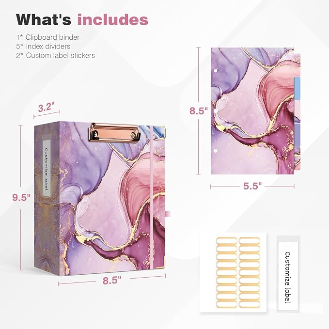 Ospelelf Mini 3 Ring Binder, 2 Inch, Cute Pink Marble Binder for 5.5" x 8.5" with 5 Tab Dividers, File Folder Labels and Low Profile Clipboards