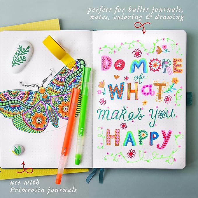 Primrosia 48 Gel Pens, inc. Metallic, Pastel, Glitter & Flourescent for Adult Coloring Book & Dot Grid Journal Pens. No-Bleed-Through in a Variety of Shades, 7.5x More Ink Fine Point Markers Set