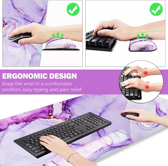 Large Gaming Mouse Pad, Keyboard Wrist Rest Pad & Wrist Support Mousepad Set, Stitched Edge, Extended, Non-Slip Base, Memory Foam,Multifunctional Desk Mat for Office & Home, Purple Blue Marble