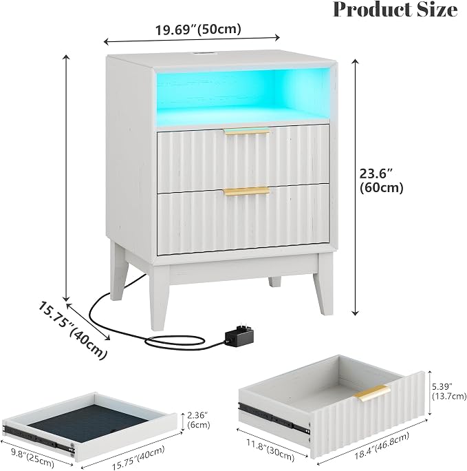 LED Nightstand Set of 2, RFID Lock, Charging Station, White | Bedside Table with Hidden Drawer, 2 Drawers, Open Cubby, Motion Sensor, USB and Type-C Ports, Night Stand for Bedroom