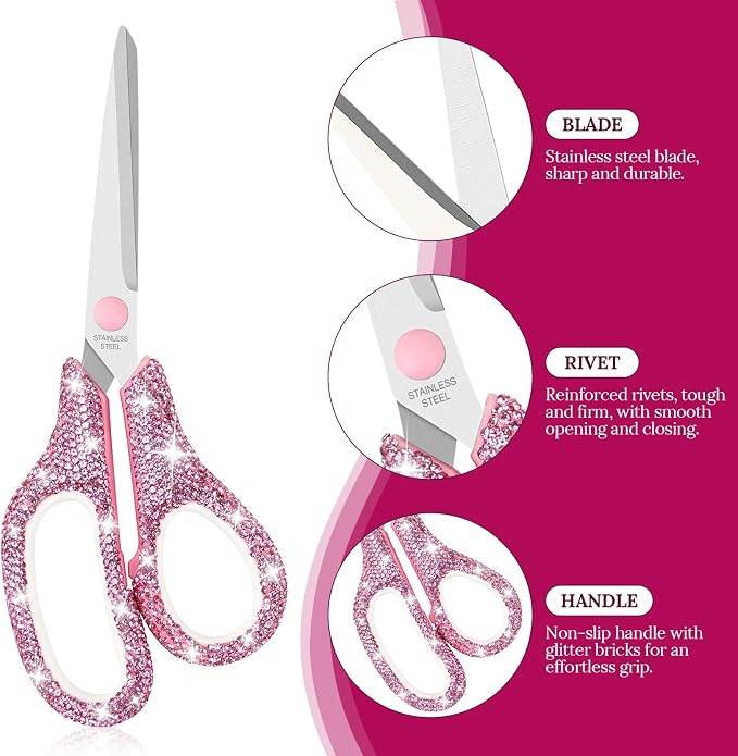 MultiBey Bling Pink Rhinestone Desk Accessories Set, 4 Pcs | Crystal Office Stationery Kit with Drawer Organizer, Paper Clip Holder, Scissors & Diamond Pen Desktop Decor & Gift for Women