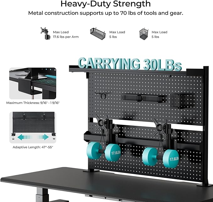EUREKA ERGONOMIC Desk Pegboard Dual Monitor Stand 43x34 Black | Steel pegboard with dual monitor stands, privacy panel and 4 modular accessories for organized gaming and office setups
