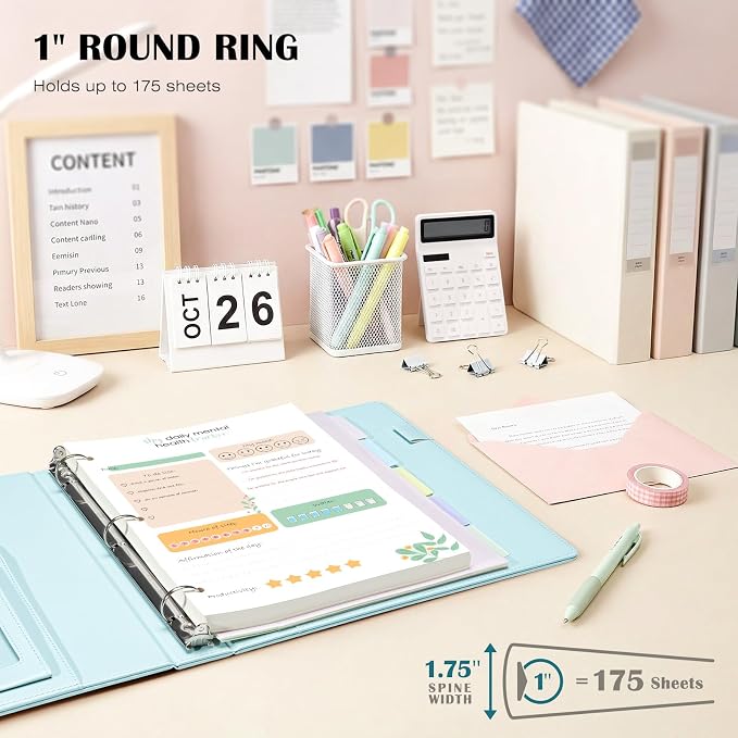 Ospelelf Leather 3 Ring Binder for Letter Size Documents with Pocketed Storage Dividers, Pencil Pouch & Notepad, 1 Inch Round Rings, Holds 175 Sheets, for Office School Home Organization, Light Blue