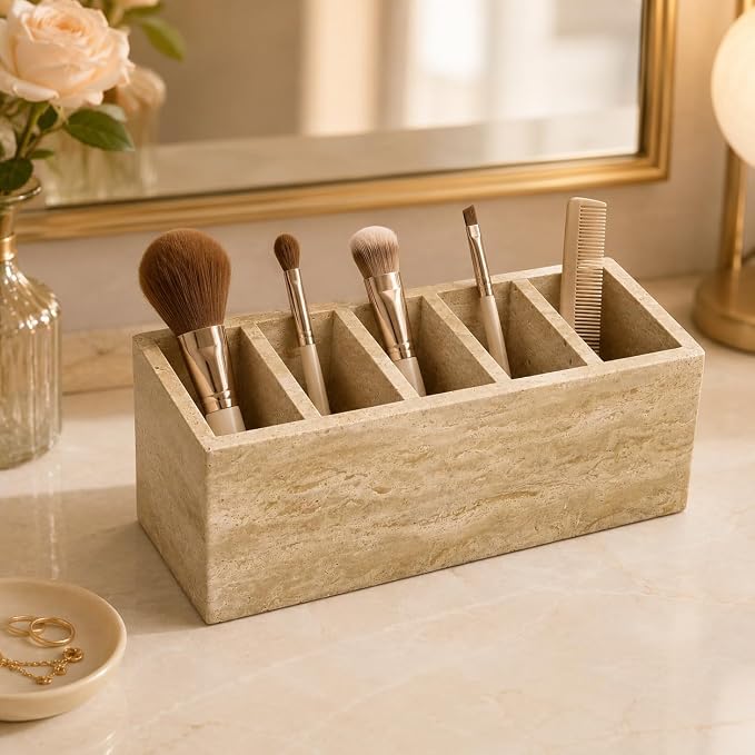 Travertine Desk Organizer, 5-Compartment Pen & Brush Holder | for Pens, Makeup Brushes, and Office Desk Decor, 9.84 x 3.94 x 3.94 in