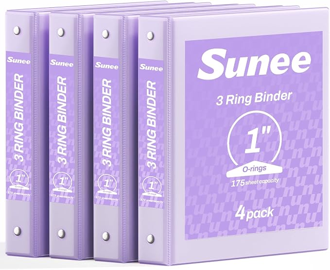 SUNEE 3 Ring Binder 1 Inch 4 Pack, Clear View 1" Binders Three Ring PVC-Free (Fit 8.5x11 Inches) for School or Office Supplies, Purple