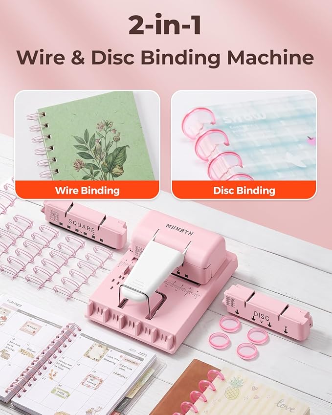 MUNBYN Multi Binding Machine with 2 Detachable Heads(Disc & Square), Pink | DIY Small Book Binder for Notebooks, Calendars, Albums, Journals at Home, School, Office