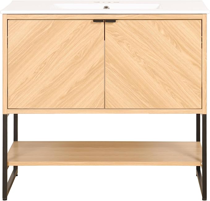 JONATHAN Y Juhl 35" Chevron Freestanding Bathroom Vanity Cabinet, Oak | Modern Minimalist Design, 18" Deep 33" Tall, 2 Soft-Close Doors, Interior And Open Shelves, Sink Not Included