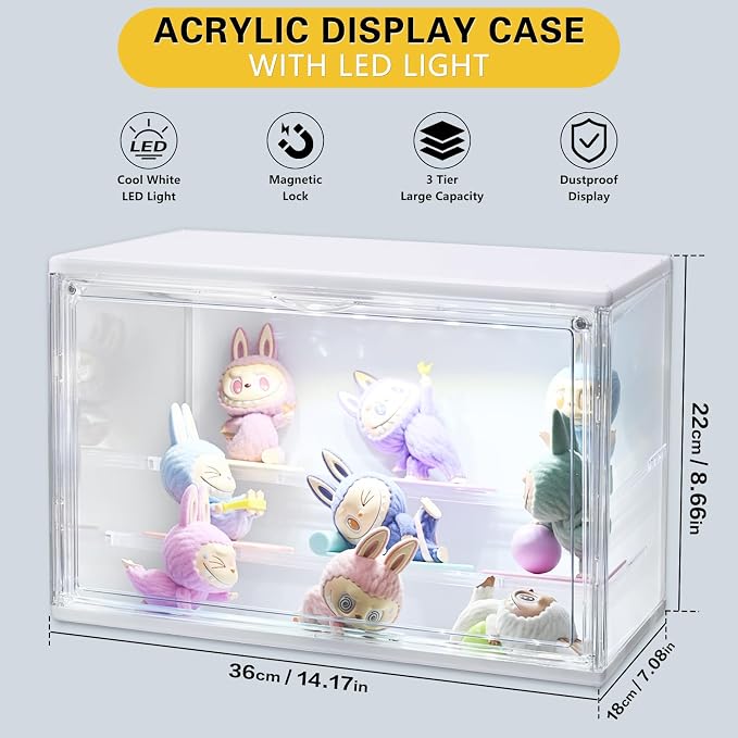 GUDEMAY Acrylic Display Case with Lights, Clear Showcase with Detachable Shelf, Stackable Storage Bins for Collectibles, Action Figure, Popmart (L-1 Pack)