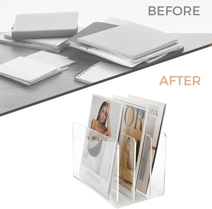 Acrylic Magazine File Holder, 3-Section A4 Desk Organizer | Fits A4 documents, 11.22"W x 7.68"H x 6.69"D, ideal for letters, folders & notebooks, 5mm thick premium clear acrylic