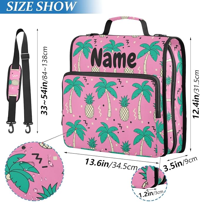 Custom Pineapple Palm Tree Pink 3 Ring Binder Bag 1.5 inch Personalized Name Binder Organizer 500 Sheet Documents Storage for School Office