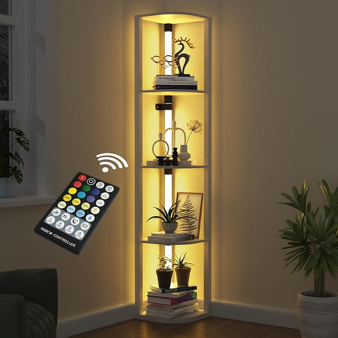 VTRIN Corner Shelf with Light, Floor Lamps with Shelves for Living Room, Small Space, Modern Home Decor Stand Sturdy 5-Tier Corner Bookshelf Cabinet Display Shelf for Collectibles, White